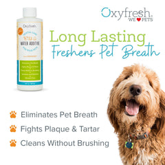 Oxyfresh dental water additive in a dog's water bowl helps reduce tartar.