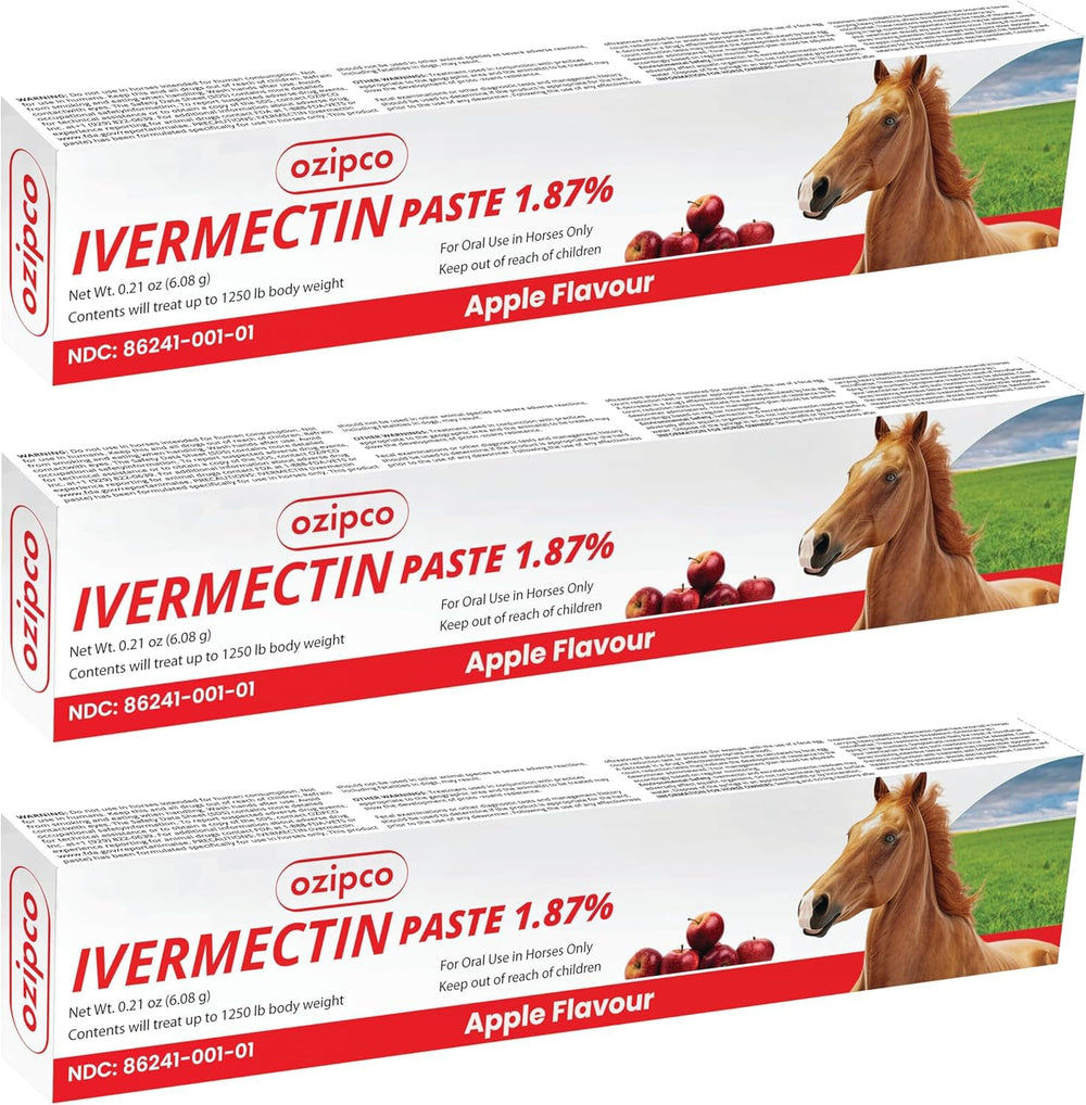 OZIPCO ivermectin horse paste with apple flavor in packaging and syringe for convenient dosing.