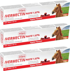 OZIPCO ivermectin horse paste with apple flavor in packaging and syringe for convenient dosing.