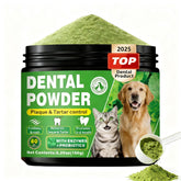 OZOXOO dog dental powder bottle shows 60-day supply for fresh breath.