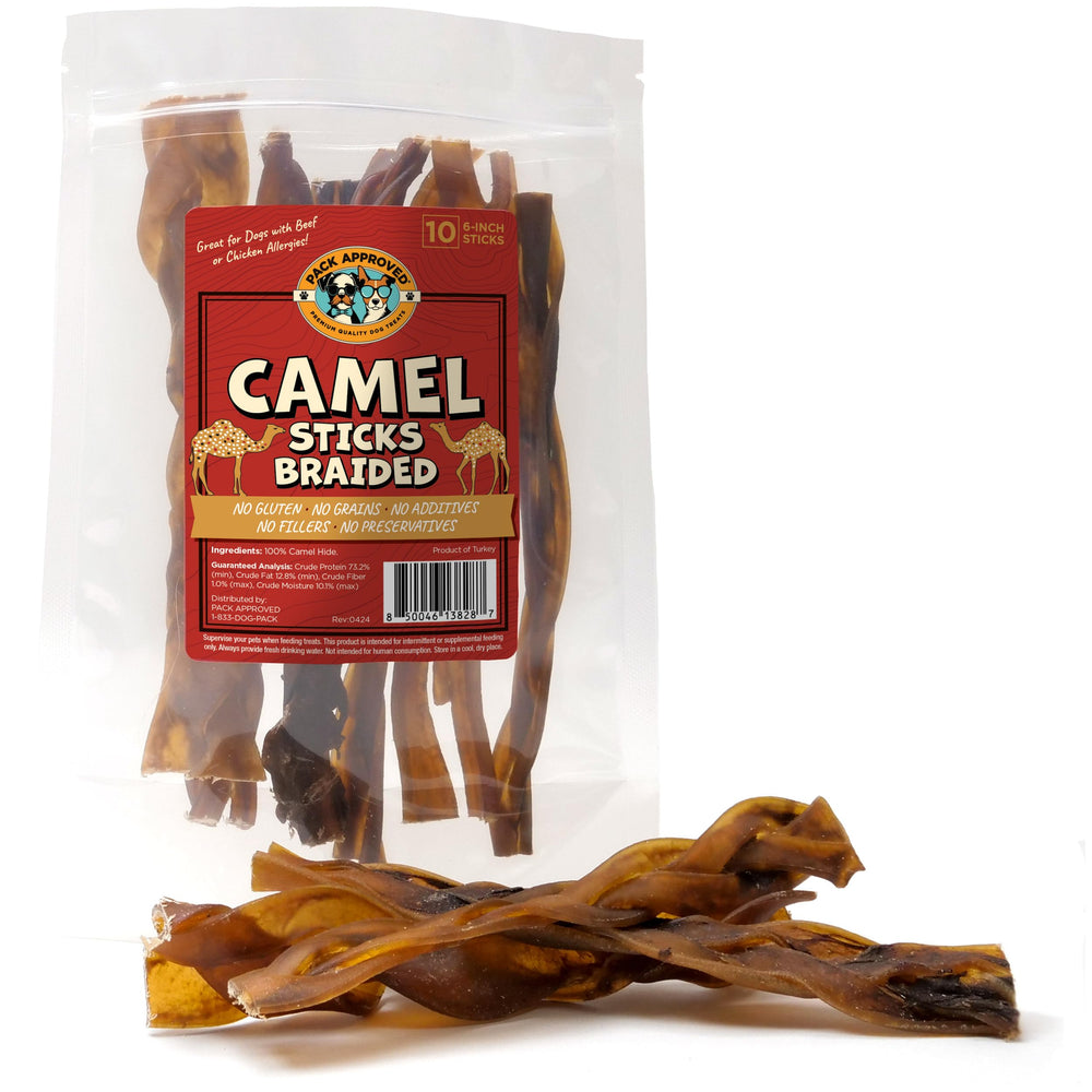Pack Approved 6-inch braided camel sticks packaging shows a safe rawhide alternative.