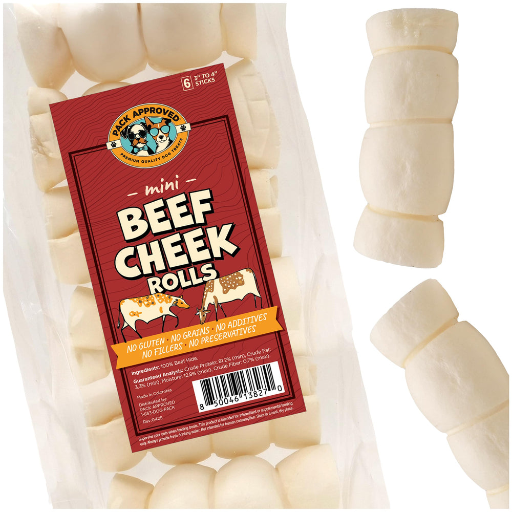 Pack Approved mini beef cheek rolls close-up showing natural chew for dogs.