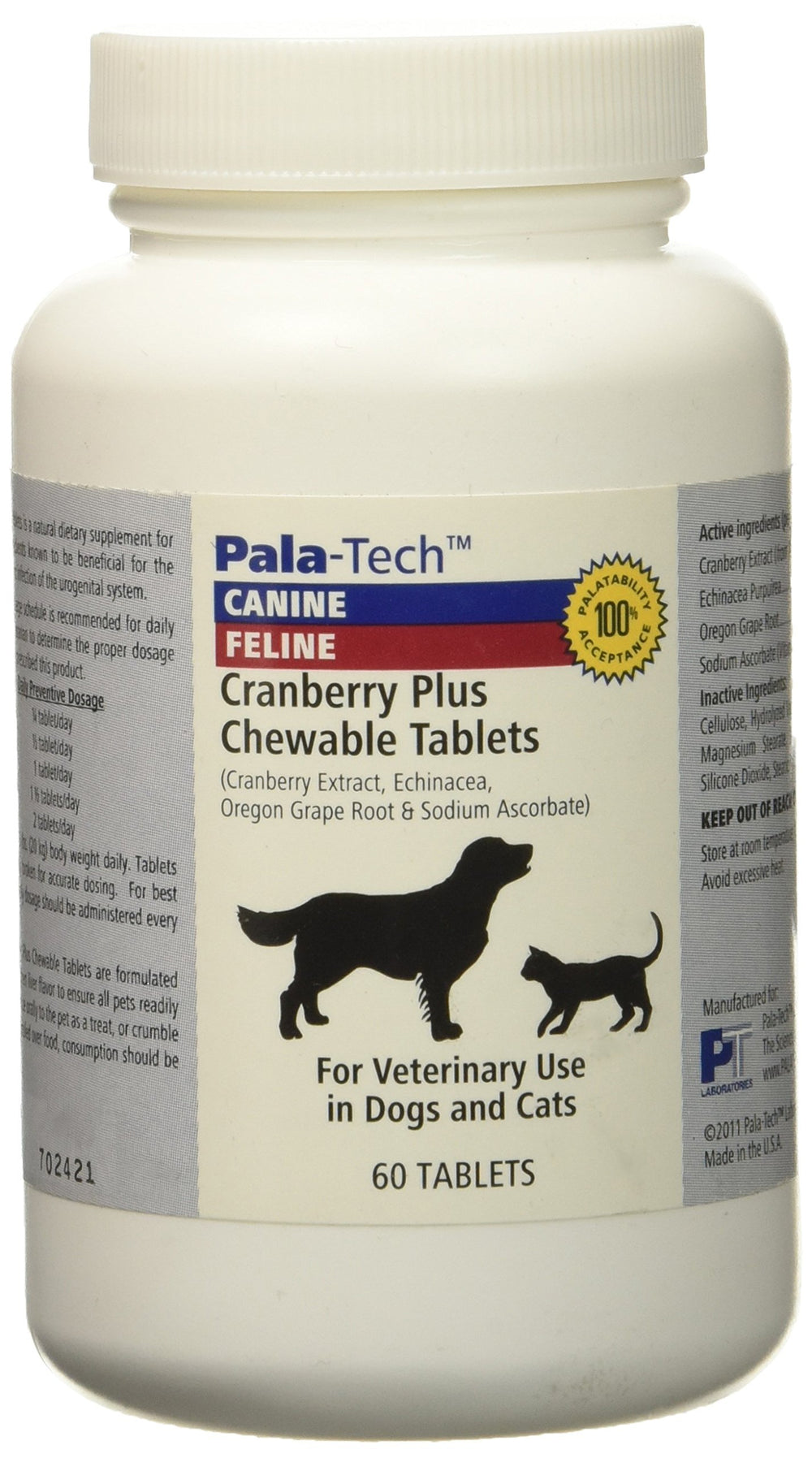 Pala Tech Cranberry Plus bottle front showing pet-friendly chewables for urinary support.