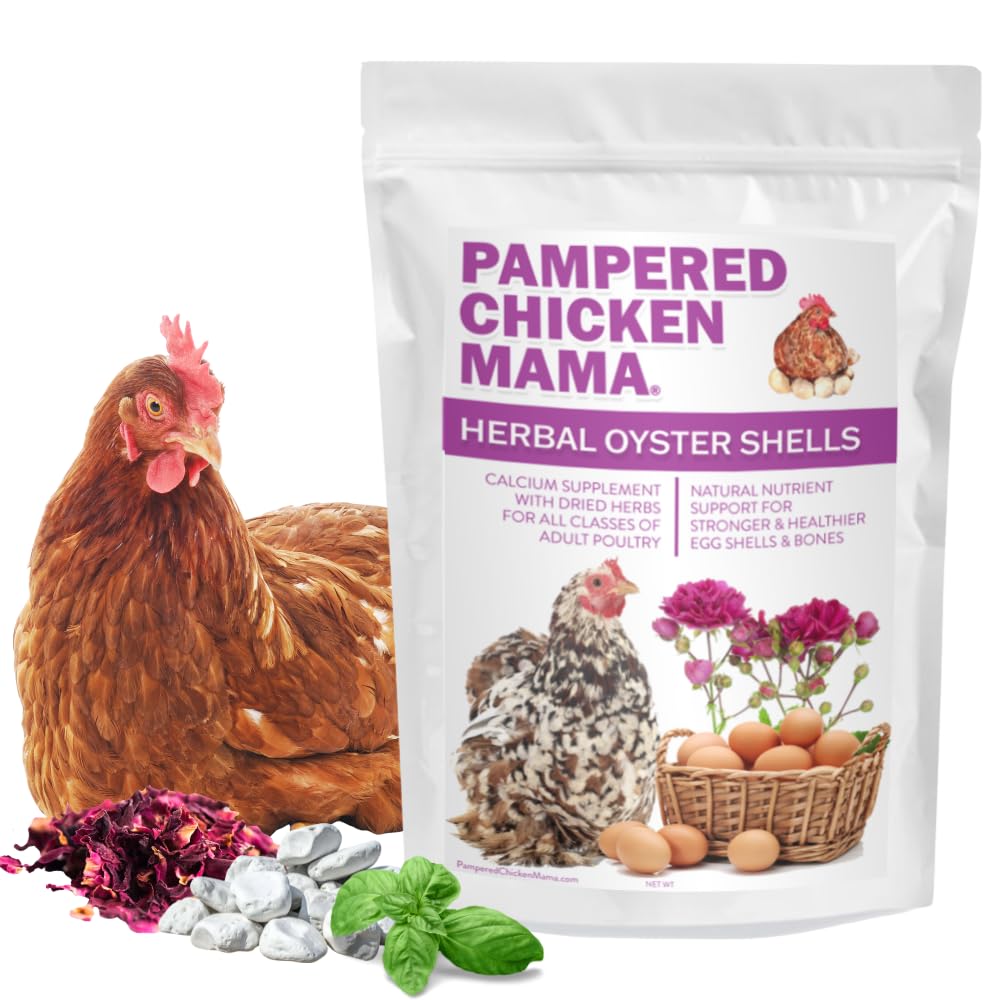 Pampered Chicken Mama herbal oyster shells bag shows calcium for strong bones and better eggs