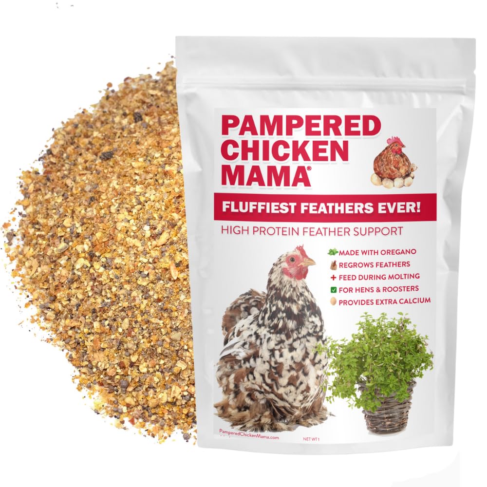Pampered Chicken Mama molting supplement bottle aids feather growth and vitality.