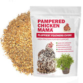 Pampered Chicken Mama molting supplement bottle aids feather growth and vitality.
