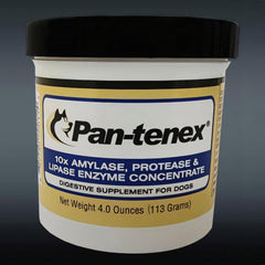 Pan-tenex 10x enzyme powder bottle supports dog digestion after meals.