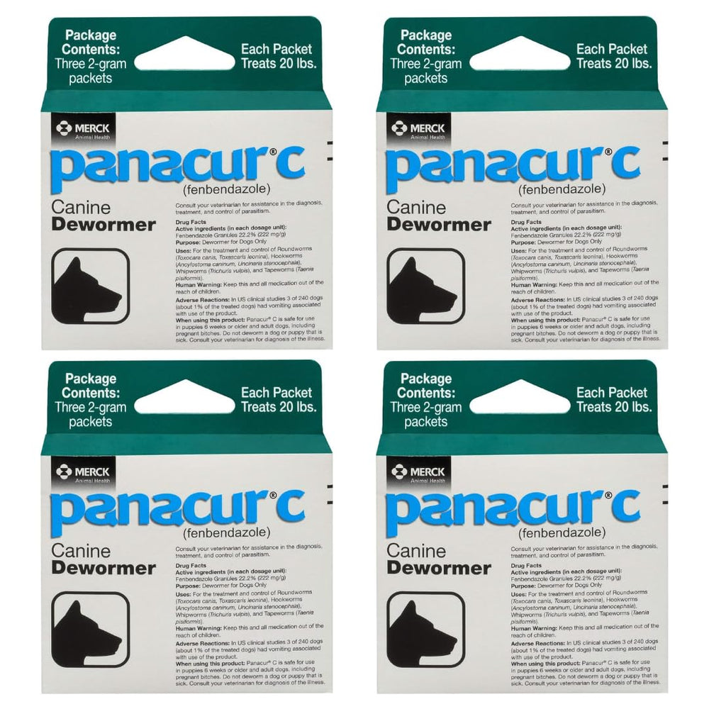 Panacur C canine dewormer 2 g packet ready to mix with food for easy dosing.