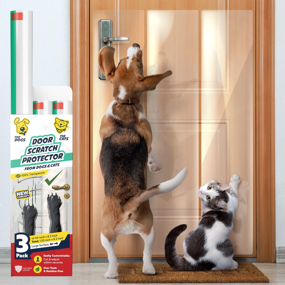 Panther Armor door protector 3-pack on a wooden door, guarding against pet scratches.