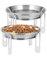 PapiCola elevated cat bowl set with two stainless steel bowls for healthier feeding posture.