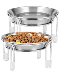 PapiCola elevated cat bowl set with two stainless steel bowls for healthier feeding posture.