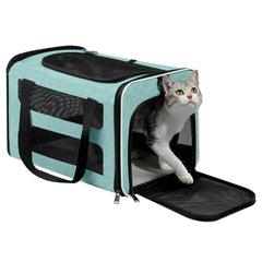 PAPZER cat carrier front view in teal, roomy for mid-sized cats during travel