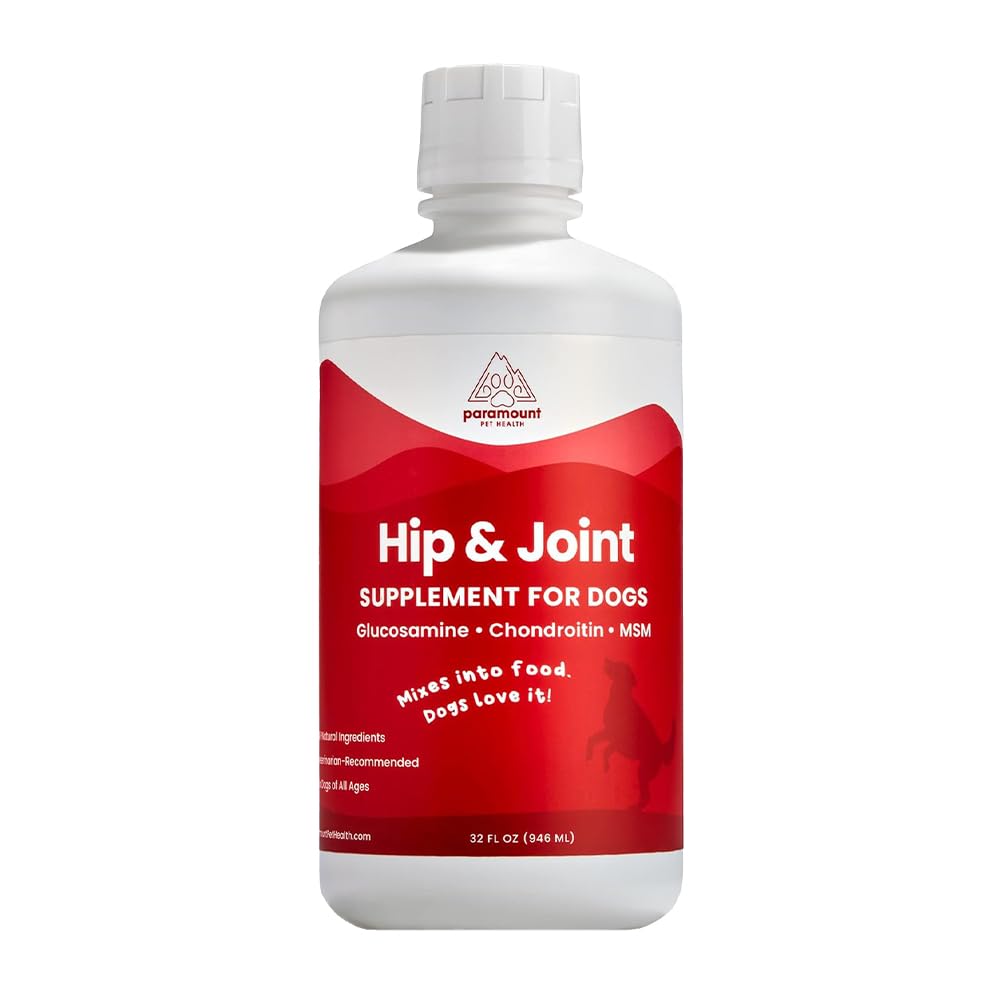 Paramount Pet Health liquid glucosamine bottle with dropper supports daily mobility.