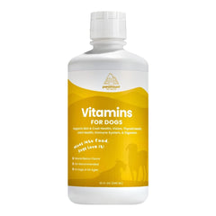 Paramount Pet Health liquid multivitamin poured into dog food for easy daily nutrition.