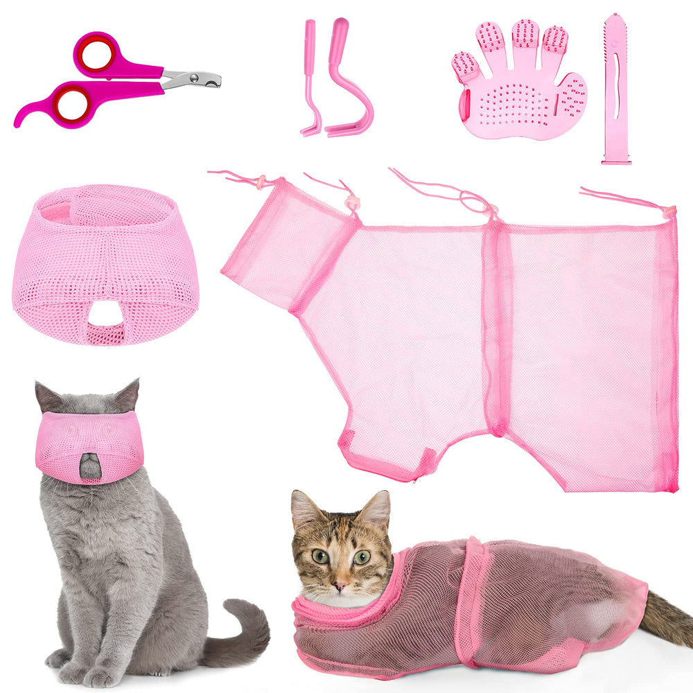 Patelai cat bathing bag set in pink, soft mesh for comfortable baths.