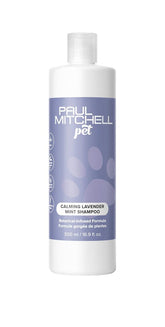 Paul Mitchell Pet calming lavender mint shampoo bottle shows spa-inspired cleansing for dogs with gentle coat care