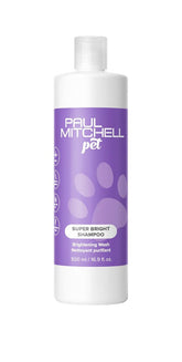 Paul Mitchell Pet Super Bright Shampoo bottle highlights a brightening formula for brighter dog coats.