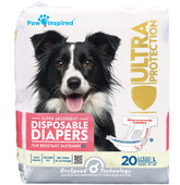 Paw Inspired 20ct disposable dog diapers provide secure fit for female dogs during heat.