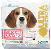 Paw Inspired 32ct disposable dog diapers package showing reliable protection