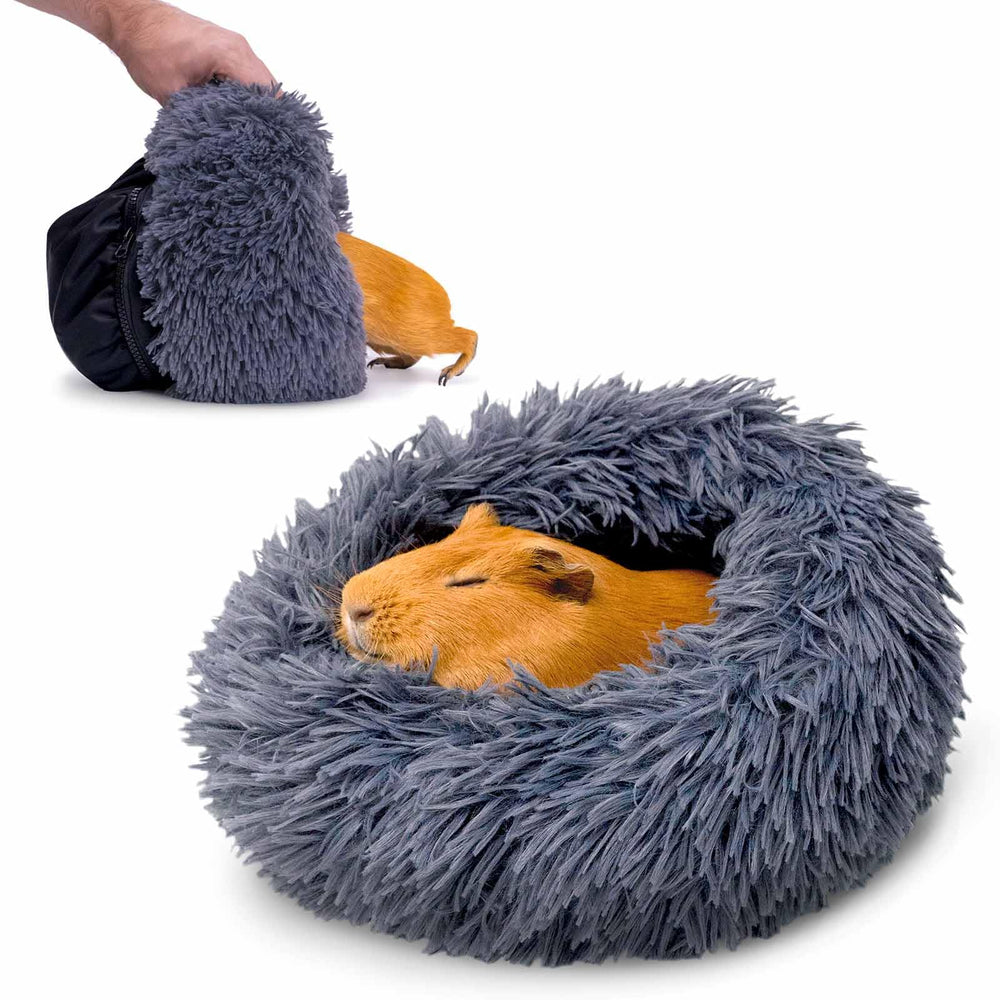 Paw Inspired Furr-O Burrowing Bed closeup shows plush tunnel comfort for small pets.
