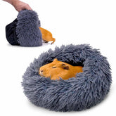 Paw Inspired Furr-O Burrowing Bed closeup shows plush tunnel comfort for small pets.