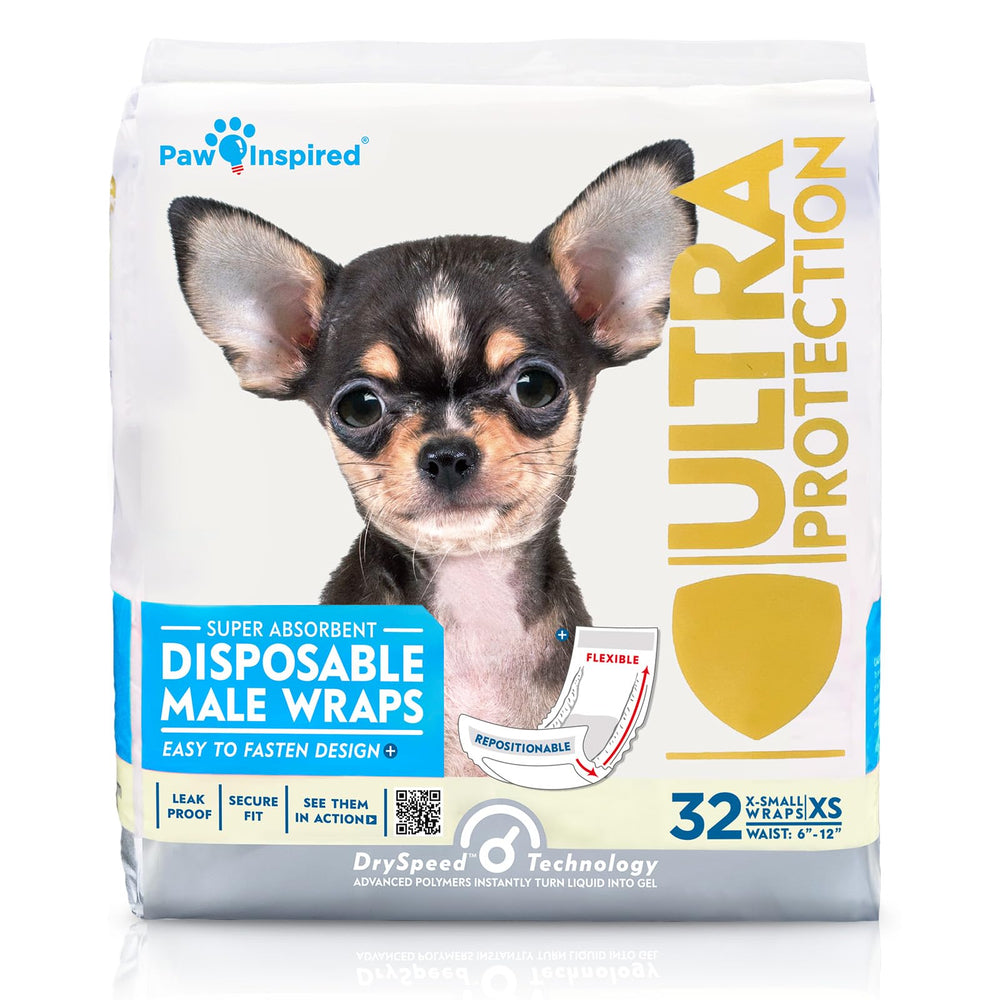Paw Inspired packaging close-up of male dog wraps, easy disposable design