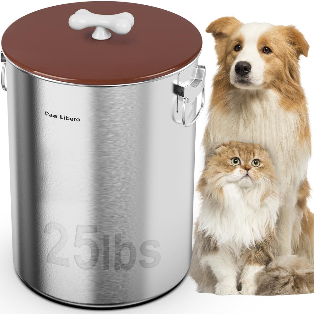 Paw Libero 25 lb stainless steel container with airtight seal keeps kibble fresh