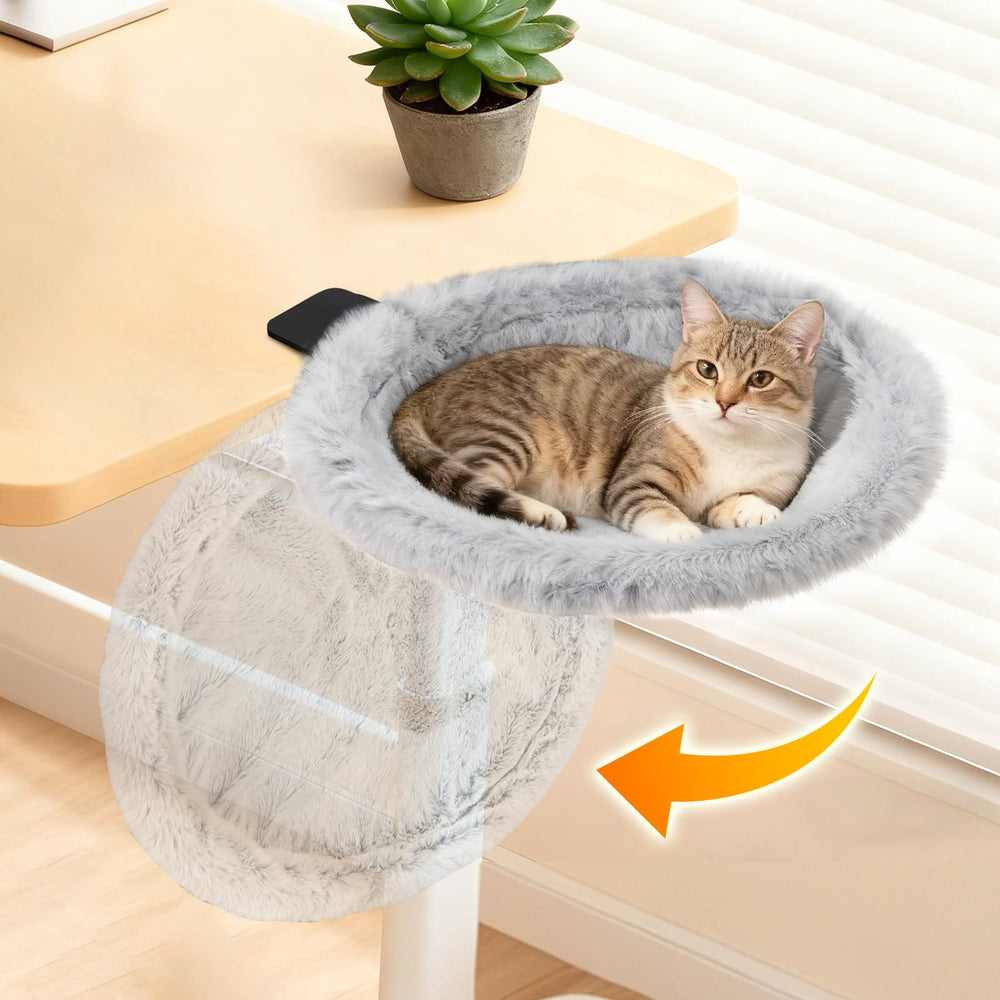 Pawaboo Cat Desk Bed sunken hammock on clamp offers secure, comfy nap up to 40 lbs