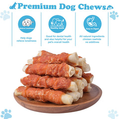 Happy dog enjoying a Pawant chicken-wrapped rawhide roll chew during playtime