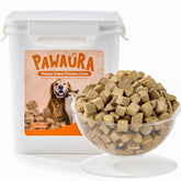 Pawaura freeze-dried chicken liver treats in a value tub for dogs and cats; high-protein training reward.