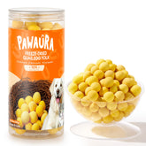 Pawaura quail egg yolk treats bag closeup, premium single-ingredient snack for dogs and cats.