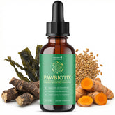 Nature’s NutriWave Pawbiotix bottle close-up for gut support.