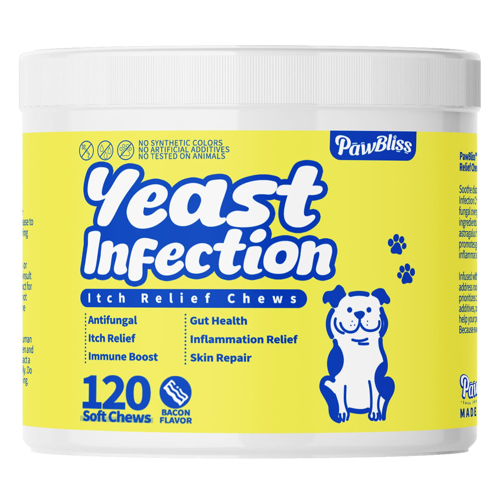PawBliss yeast-treatment bottle close-up supporting skin comfort.