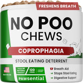 Pawsential No Poo Chews bottle front, a tasty digestion-supporting treat.