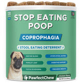PAWFECTCHEW deterrent bottle close-up highlighting easy dosing for coprophagia prevention.