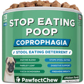 PAWFECTCHEW No Poo Chews bottle with label promotes easy deterrence and digestive support.