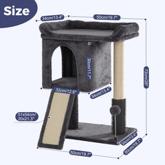 Pawfessor private condo on cat tree provides a cozy hideaway for naps.