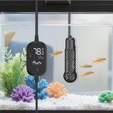 Pawfly 50W submersible heater front view with digital display for small aquariums.