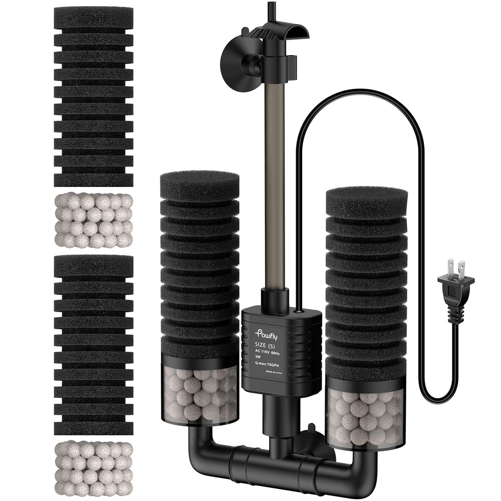 Pawfly sponge filter installed in a 20 gallon tank for gentle filtration.