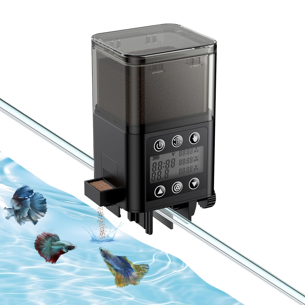 Pawfly automatic fish feeder mounted on tank wall for timed feeding.