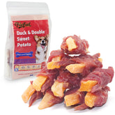 PawFuel duck-wrapped-yellow-purple-sweet-potato-chews pack highlights premium ingredients and appetizing texture.