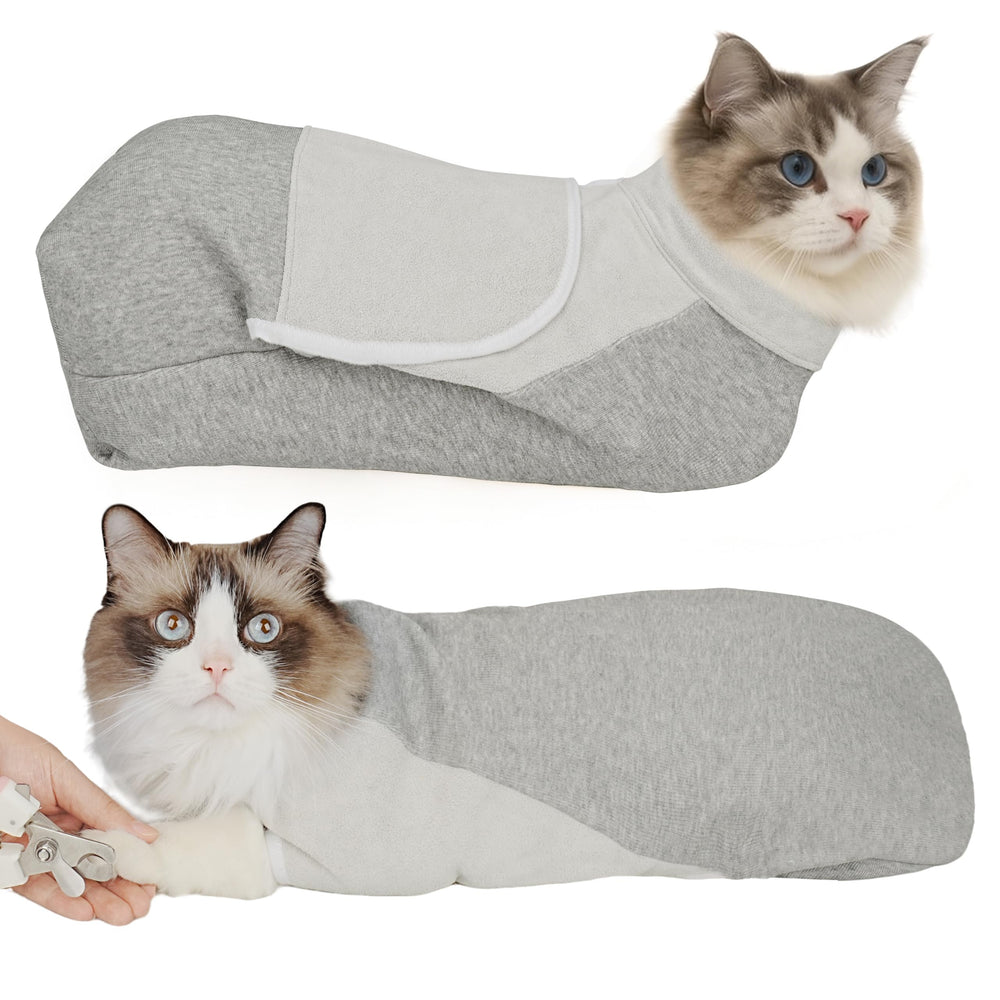 Pawfun self-adhesive grooming wrap securing a calm cat during nail trim