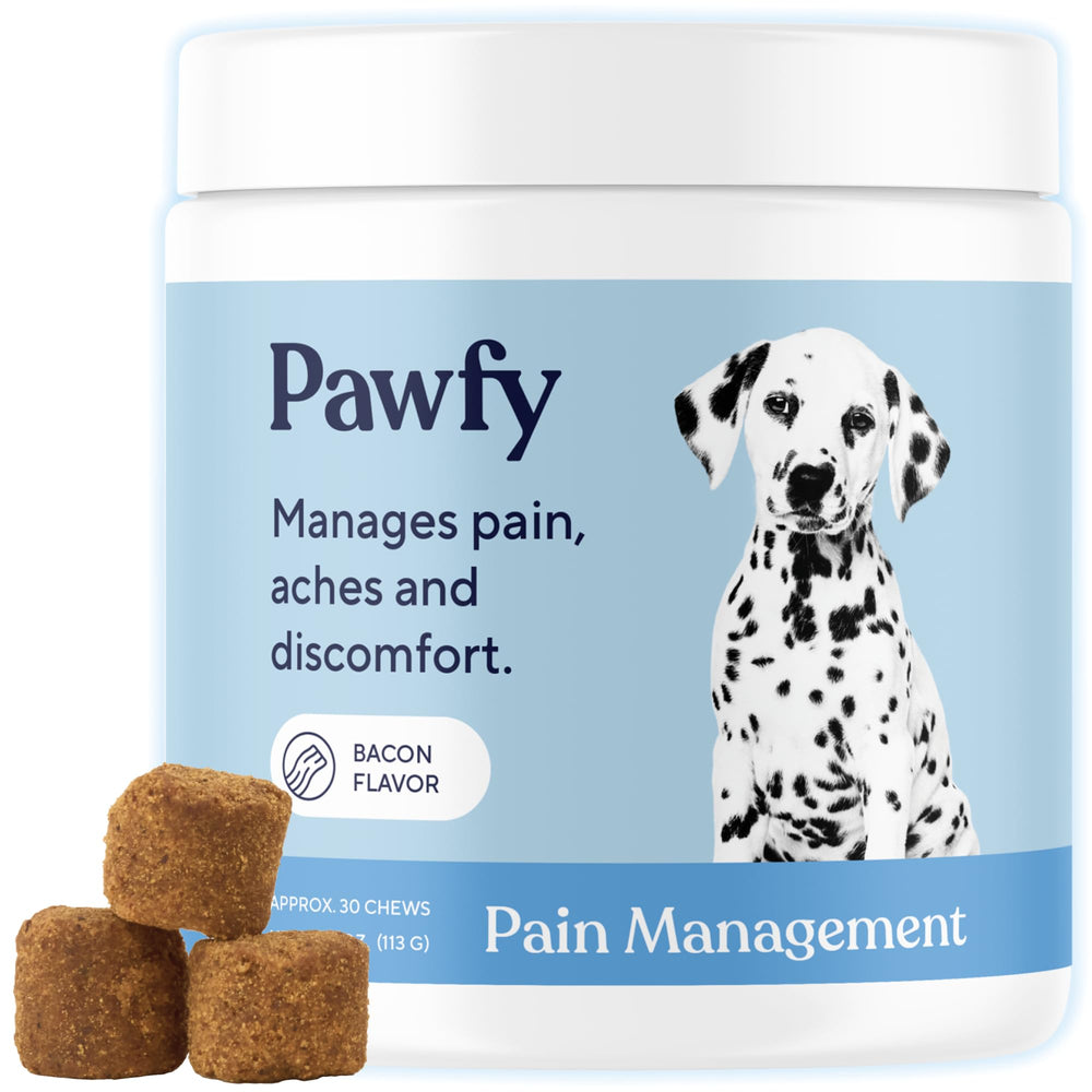 Pawfy Advanced Pain Management bottle label highlights joint support for dogs.