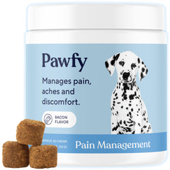 Pawfy Advanced Pain Management bottle label highlights joint support for dogs.