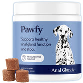 Pawfy anal gland chews in peanut butter packaging, supporting digestive comfort.