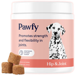 Pawfy hip and joint dog supplement bottle ready for daily use, showcasing mobility support.