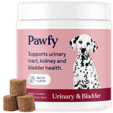Pawfy Dog UTI supplement bottle front highlights cranberry blend for urinary health.