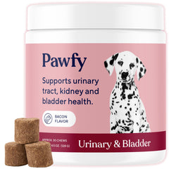 Pawfy Dog UTI supplement bottle front highlights cranberry blend for urinary health.