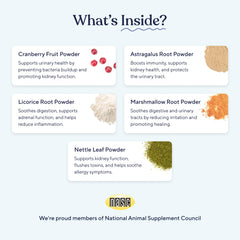 Pawfy UTI supplement cranberry ingredients panel highlights natural urinary health nutrients.