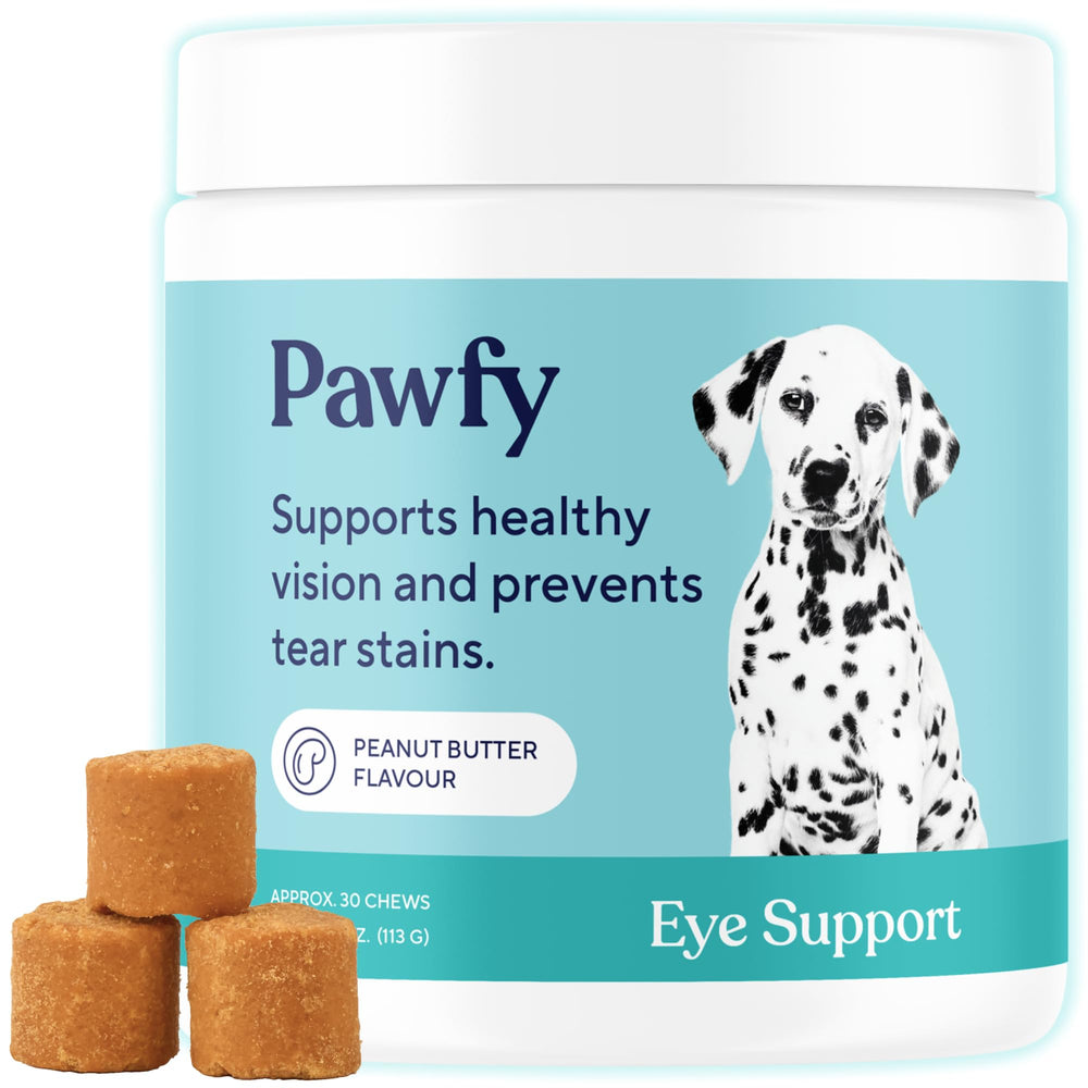 Pawfy Eye Support Soft Chews jar close-up—peanut butter treats for eye health.